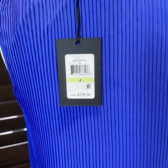 Donna Karan New York midi shift dress 4 Blue sleeveless tie neck pleated NEW - Picture 8 of 12